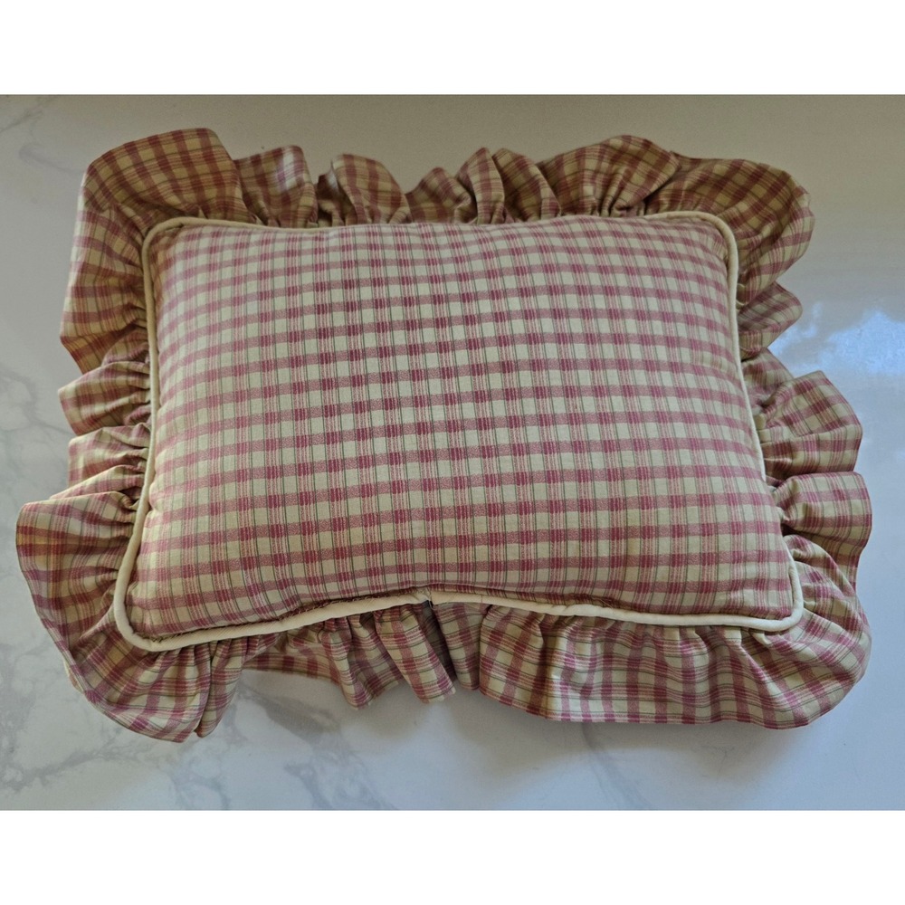 Croscill Plaid Ruffled Throw Pillow Red Green Cream Country Cottage Made in USA